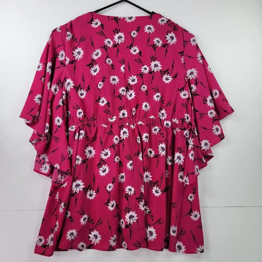 Lane Bryant Blouse Women 26/28 Pink Floral Print Bat Flared Sleeve Kimono Belted - Picture 13 of 14